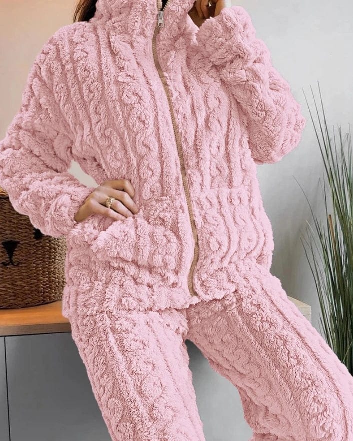 Thickened Warm 2Pcs Pajamas Set Jacquard Textured Stand Collar Zip Up Fuzzy Teddy Top & Pants Set Striped Nightwear Loungewear - SHOWLU FASHION STORE