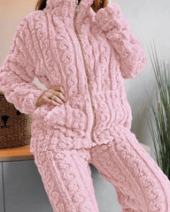 Thickened Warm 2Pcs Pajamas Set Jacquard Textured Stand Collar Zip Up Fuzzy Teddy Top & Pants Set Striped Nightwear Loungewear - SHOWLU FASHION STORE