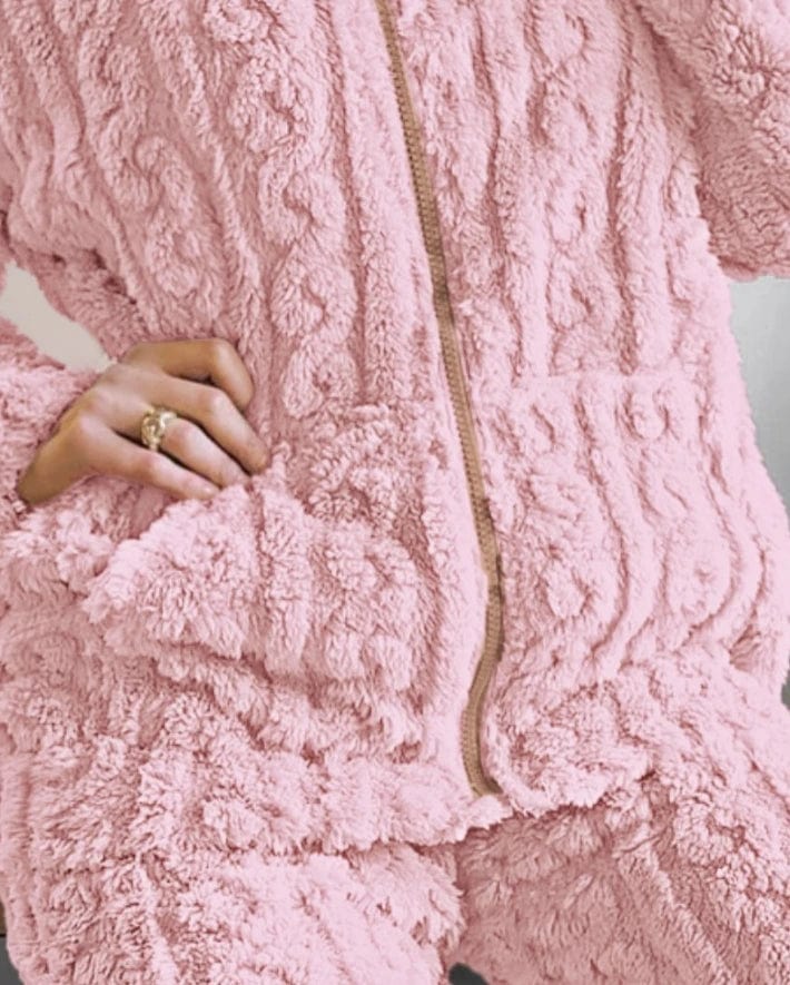 Thickened Warm 2Pcs Pajamas Set Jacquard Textured Stand Collar Zip Up Fuzzy Teddy Top & Pants Set Striped Nightwear Loungewear - SHOWLU FASHION STORE
