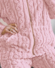 Thickened Warm 2Pcs Pajamas Set Jacquard Textured Stand Collar Zip Up Fuzzy Teddy Top & Pants Set Striped Nightwear Loungewear - SHOWLU FASHION STORE