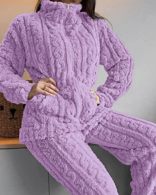 Thickened Warm 2Pcs Pajamas Set Jacquard Textured Stand Collar Zip Up Fuzzy Teddy Top & Pants Set Striped Nightwear Loungewear - SHOWLU FASHION STORE