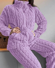 Thickened Warm 2Pcs Pajamas Set Jacquard Textured Stand Collar Zip Up Fuzzy Teddy Top & Pants Set Striped Nightwear Loungewear - SHOWLU FASHION STORE
