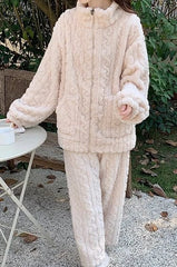 Thickened Warm 2Pcs Pajamas Set Jacquard Textured Stand Collar Zip Up Fuzzy Teddy Top & Pants Set Striped Nightwear Loungewear - SHOWLU FASHION STORE