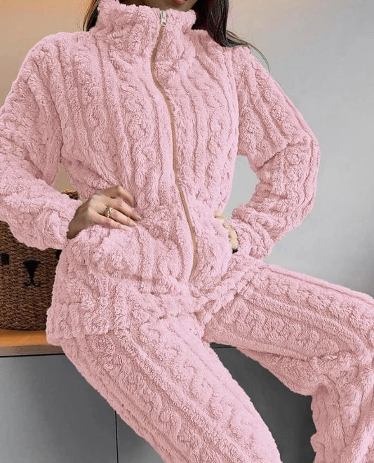 Thickened Warm 2Pcs Pajamas Set Jacquard Textured Stand Collar Zip Up Fuzzy Teddy Top & Pants Set Striped Nightwear Loungewear - SHOWLU FASHION STORE