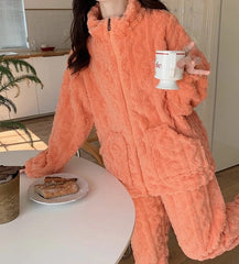 Thickened Warm 2Pcs Pajamas Set Jacquard Textured Stand Collar Zip Up Fuzzy Teddy Top & Pants Set Striped Nightwear Loungewear - SHOWLU FASHION STORE