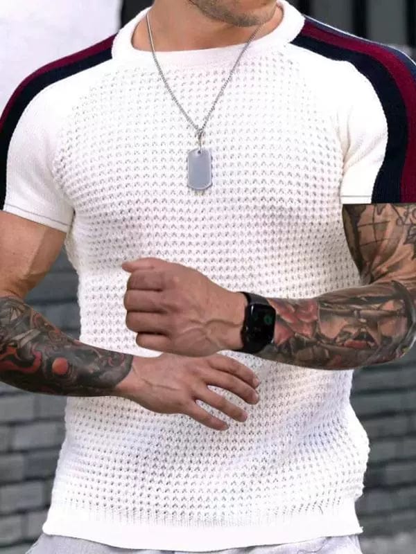 Trendy round Neck Contrast Color Men's Casual Top T-shirt with Short Sleeves - SHOWLU FASHION STORE