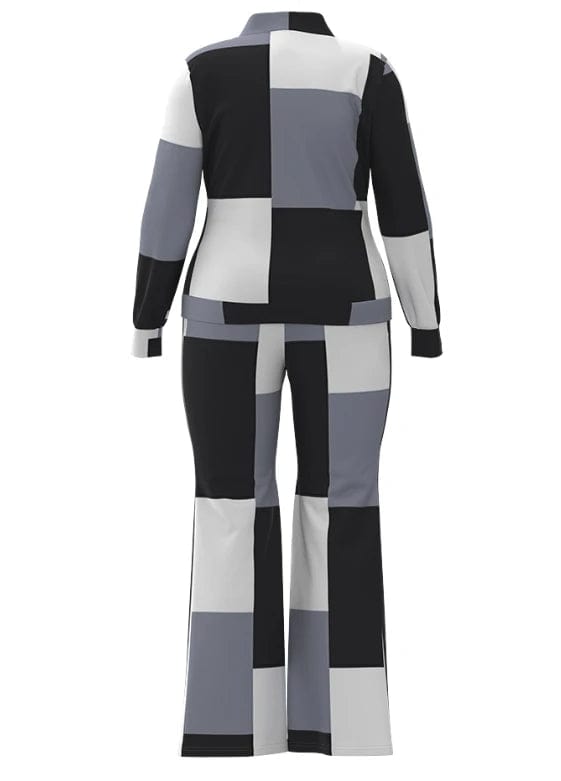 Two Piece Set Women Outfit 2023 Autumn Fashion Geometric Print Stand Collar Long Sleeve Zip Up Top & Casual Sporty Pants Set - SHOWLU FASHION STORE
