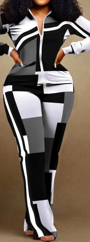 Two Piece Set Women Outfit 2023 Autumn Fashion Geometric Print Stand Collar Long Sleeve Zip Up Top & Casual Sporty Pants Set - SHOWLU FASHION STORE