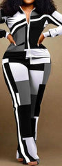 Two Piece Set Women Outfit 2023 Autumn Fashion Geometric Print Stand Collar Long Sleeve Zip Up Top & Casual Sporty Pants Set - SHOWLU FASHION STORE