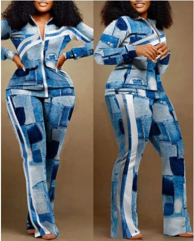 Two Piece Set Women Outfit 2023 Autumn Fashion Geometric Print Stand Collar Long Sleeve Zip Up Top & Casual Sporty Pants Set - SHOWLU FASHION STORE