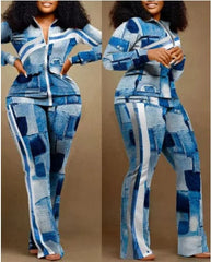 Two Piece Set Women Outfit 2023 Autumn Fashion Geometric Print Stand Collar Long Sleeve Zip Up Top & Casual Sporty Pants Set - SHOWLU FASHION STORE