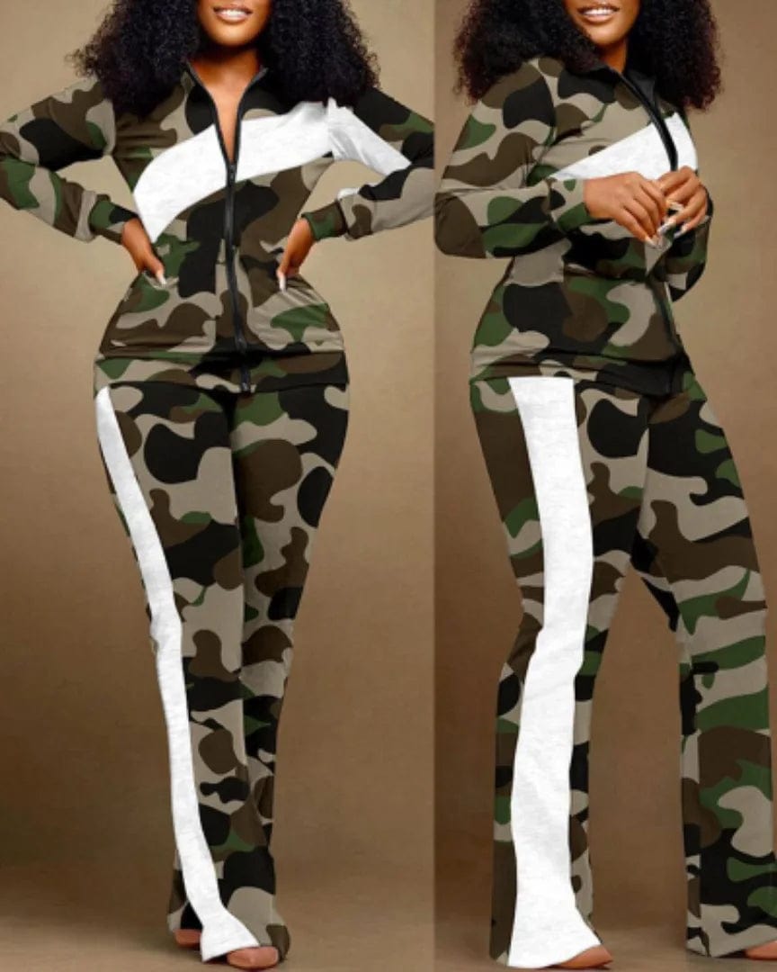 Two Piece Set Women Outfit 2023 Autumn Fashion Geometric Print Stand Collar Long Sleeve Zip Up Top & Casual Sporty Pants Set - SHOWLU FASHION STORE