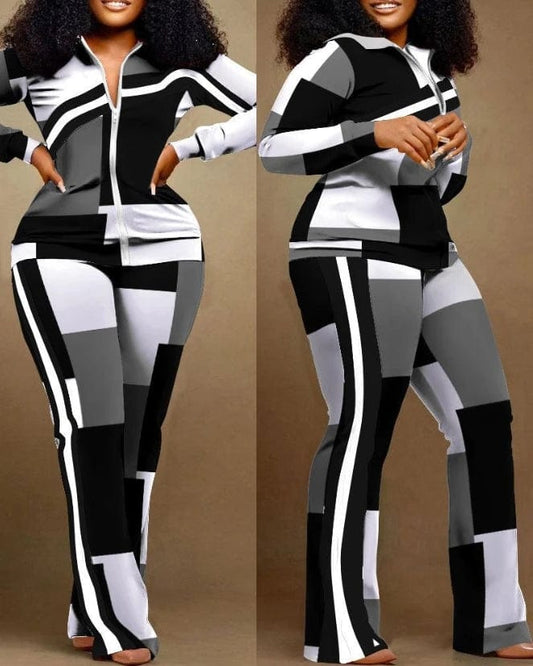 Two Piece Set Women Outfit 2023 Autumn Fashion Geometric Print Stand Collar Long Sleeve Zip Up Top & Casual Sporty Pants Set - SHOWLU FASHION STORE