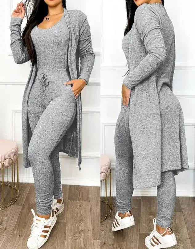 Two Piece Set Women Outfit 2024 Spring Fashion Drawstring Pocket Design U - Neck Sleeveless Skinny Jumpsuit & Long Sleeve Coat Set - SHOWLU FASHION STORE