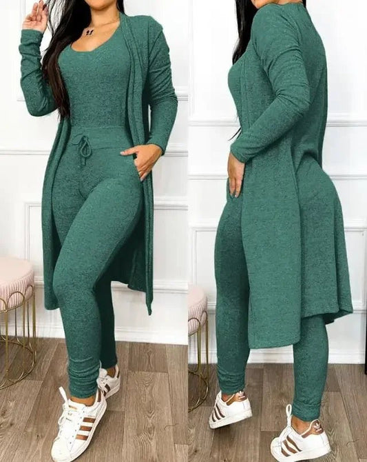 Two Piece Set Women Outfit 2024 Spring Fashion Drawstring Pocket Design U - Neck Sleeveless Skinny Jumpsuit & Long Sleeve Coat Set - SHOWLU FASHION STORE