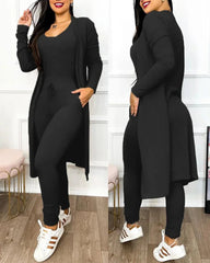 Two Piece Set Women Outfit 2024 Spring Fashion Drawstring Pocket Design U - Neck Sleeveless Skinny Jumpsuit & Long Sleeve Coat Set - SHOWLU FASHION STORE