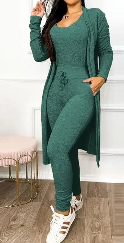 Two Piece Set Women Outfit 2024 Spring Fashion Drawstring Pocket Design U - Neck Sleeveless Skinny Jumpsuit & Long Sleeve Coat Set - SHOWLU FASHION STORE