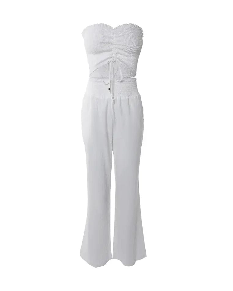 Two Piece Set Women Outfit 2024 Summer Fashion Drawstring Bandeau Sleeveless Crop Top & Casual Shirred High Waist Pants Sets - SHOWLU FASHION STORE
