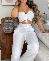 Two Piece Set Women Outfit 2024 Summer Fashion Drawstring Bandeau Sleeveless Crop Top & Casual Shirred High Waist Pants Sets - SHOWLU FASHION STORE