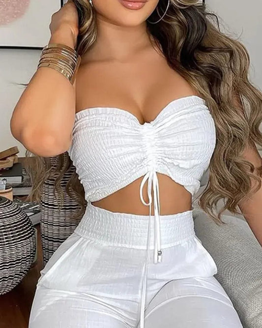 Two Piece Set Women Outfit 2024 Summer Fashion Drawstring Bandeau Sleeveless Crop Top & Casual Shirred High Waist Pants Sets - SHOWLU FASHION STORE