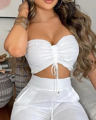 Two Piece Set Women Outfit 2024 Summer Fashion Drawstring Bandeau Sleeveless Crop Top & Casual Shirred High Waist Pants Sets - SHOWLU FASHION STORE