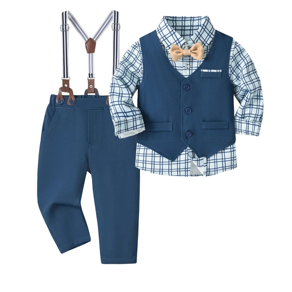 Vest Spring Set 1 2 3 4 5 Years Boy Host Wedding Costume Kid Cotton Suit Plaid Shirt with Solid Pants Strap Outfit Party Clothes - SHOWLU FASHION STORE