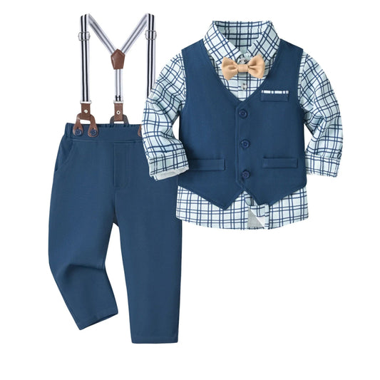 Vest Spring Set 1 2 3 4 5 Years Boy Host Wedding Costume Kid Cotton Suit Plaid Shirt with Solid Pants Strap Outfit Party Clothes - SHOWLU FASHION STORE