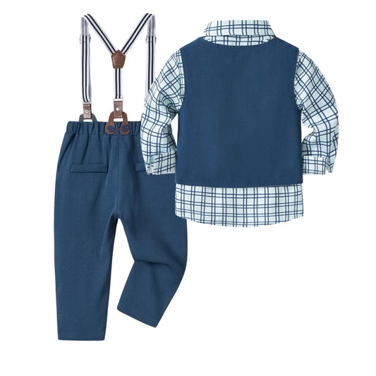 Vest Spring Set 1 2 3 4 5 Years Boy Host Wedding Costume Kid Cotton Suit Plaid Shirt with Solid Pants Strap Outfit Party Clothes - SHOWLU FASHION STORE