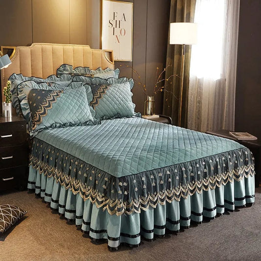 Vintage Bedspreads for Bed Velvet Queen King Size Bed Cover Soft Lace Quilted Fitted Sheet with 2 Pillowcases European 200x220cm - SHOWLU FASHION STORE