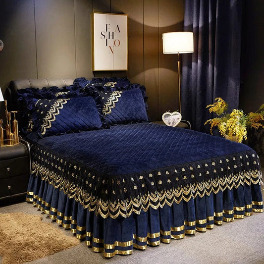 Vintage Bedspreads for Bed Velvet Queen King Size Bed Cover Soft Lace Quilted Fitted Sheet with 2 Pillowcases European 200x220cm - SHOWLU FASHION STORE