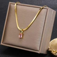 Vintage Rust Steel Zircon Necklace Flat Snake Bone Chain Blade Chain Square Emerald Pendant Necklace Women Dropshipping - SHOWLU FASHION STORE