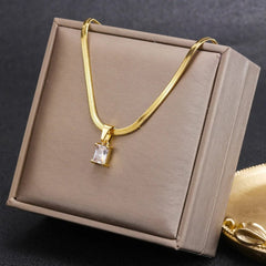 Vintage Rust Steel Zircon Necklace Flat Snake Bone Chain Blade Chain Square Emerald Pendant Necklace Women Dropshipping - SHOWLU FASHION STORE