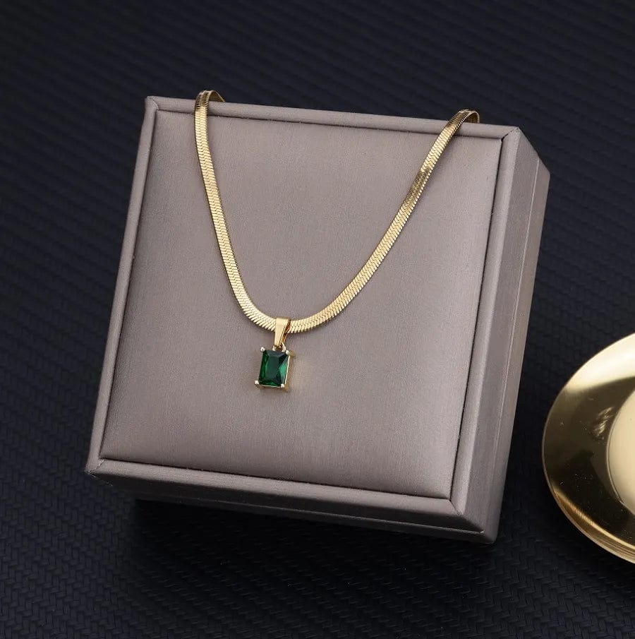 Vintage Rust Steel Zircon Necklace Flat Snake Bone Chain Blade Chain Square Emerald Pendant Necklace Women Dropshipping - SHOWLU FASHION STORE