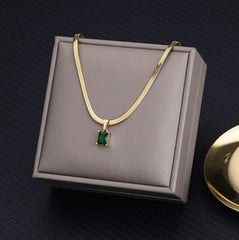 Vintage Rust Steel Zircon Necklace Flat Snake Bone Chain Blade Chain Square Emerald Pendant Necklace Women Dropshipping - SHOWLU FASHION STORE