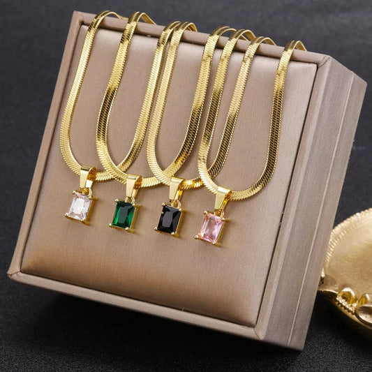 Vintage Rust Steel Zircon Necklace Flat Snake Bone Chain Blade Chain Square Emerald Pendant Necklace Women Dropshipping - SHOWLU FASHION STORE