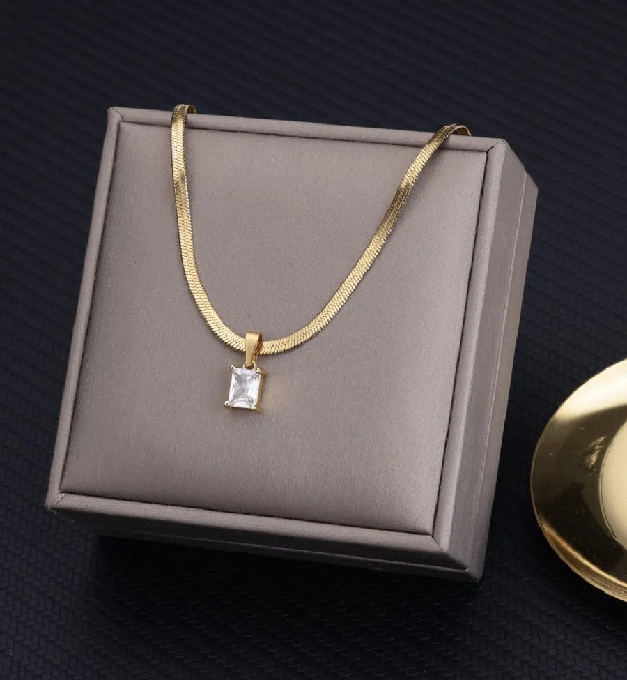 Vintage Rust Steel Zircon Necklace Flat Snake Bone Chain Blade Chain Square Emerald Pendant Necklace Women Dropshipping - SHOWLU FASHION STORE