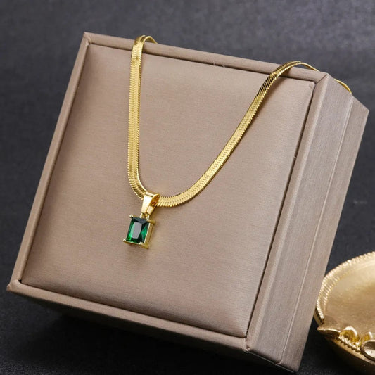 Vintage Rust Steel Zircon Necklace Flat Snake Bone Chain Blade Chain Square Emerald Pendant Necklace Women Dropshipping - SHOWLU FASHION STORE