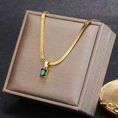 Vintage Rust Steel Zircon Necklace Flat Snake Bone Chain Blade Chain Square Emerald Pendant Necklace Women Dropshipping - SHOWLU FASHION STORE