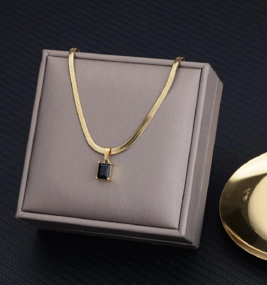 Vintage Rust Steel Zircon Necklace Flat Snake Bone Chain Blade Chain Square Emerald Pendant Necklace Women Dropshipping - SHOWLU FASHION STORE