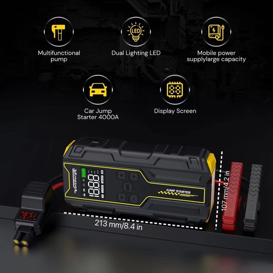 VoltSurge Car Jump Starter with Air Compressor is a Portable 4000A car Battery Suitable for10 L Gasoline or 8 L Diesel Vehicles. This Portable car Jump Starter Features a 150 PSI Inflator - SHOWLU FASHION STORE
