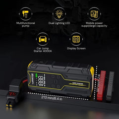 VoltSurge Car Jump Starter with Air Compressor is a Portable 4000A car Battery Suitable for10 L Gasoline or 8 L Diesel Vehicles. This Portable car Jump Starter Features a 150 PSI Inflator - SHOWLU FASHION STORE