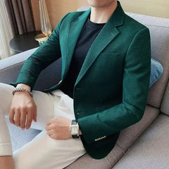 Waffle Suit Jacket Men Blazer Mature Style Casual Fit Korean Style Trendy Suit Jacket Solid Color Business Fashion Coat Top - SHOWLU FASHION STORE
