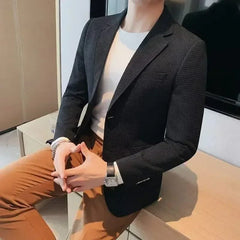 Waffle Suit Jacket Men Blazer Mature Style Casual Fit Korean Style Trendy Suit Jacket Solid Color Business Fashion Coat Top - SHOWLU FASHION STORE