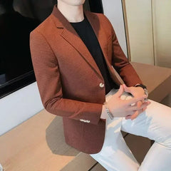 Waffle Suit Jacket Men Blazer Mature Style Casual Fit Korean Style Trendy Suit Jacket Solid Color Business Fashion Coat Top - SHOWLU FASHION STORE