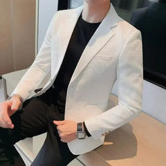 Waffle Suit Jacket Men Blazer Mature Style Casual Fit Korean Style Trendy Suit Jacket Solid Color Business Fashion Coat Top - SHOWLU FASHION STORE