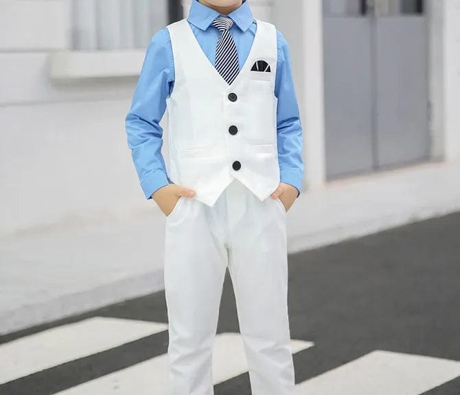 Wedding Suit For Boys Children White Jacket Vest Pants Bowtie 4PCS Photograph Suit Gentleman Kids Birthday Ceremony Costume - SHOWLU FASHION STORE