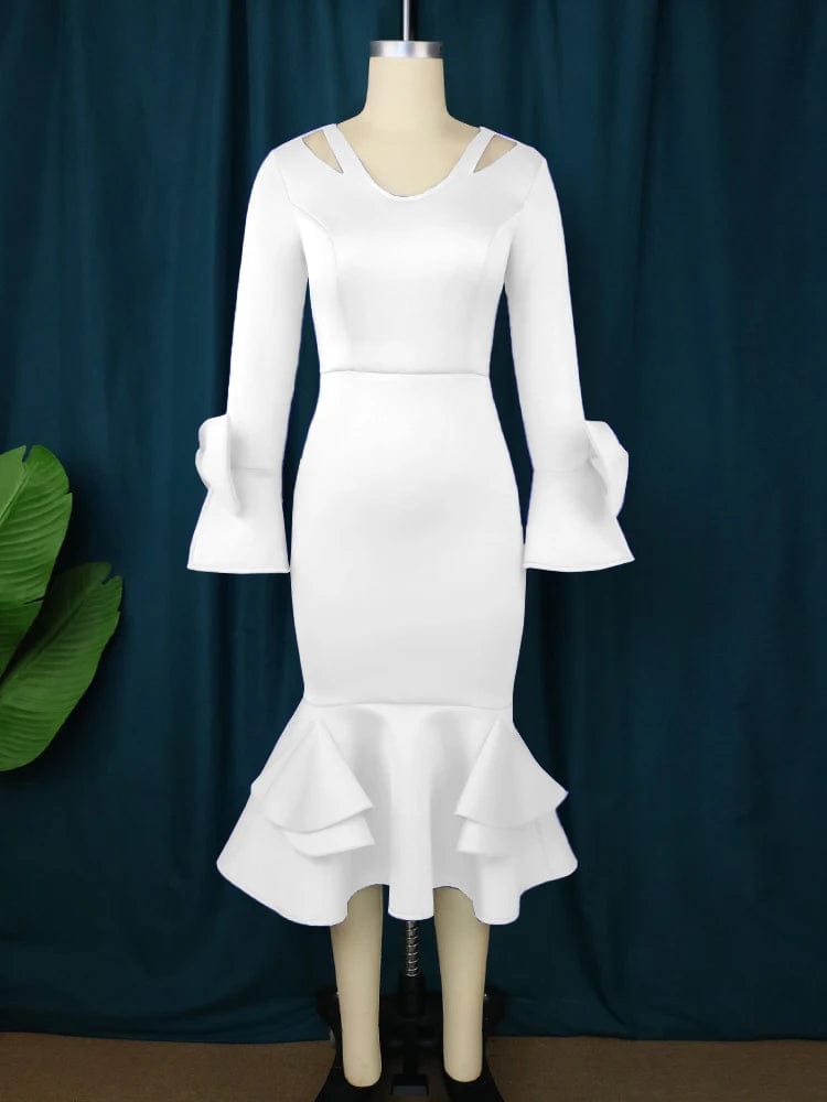 White Bodycon Dress V Neck Long Sleeve Bowtie High Waist Ruffles Midi Evening Cocktail Party Gowns for Women Wedding Gust - SHOWLU FASHION STORE