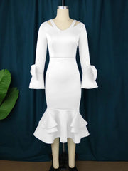 White Bodycon Dress V Neck Long Sleeve Bowtie High Waist Ruffles Midi Evening Cocktail Party Gowns for Women Wedding Gust - SHOWLU FASHION STORE