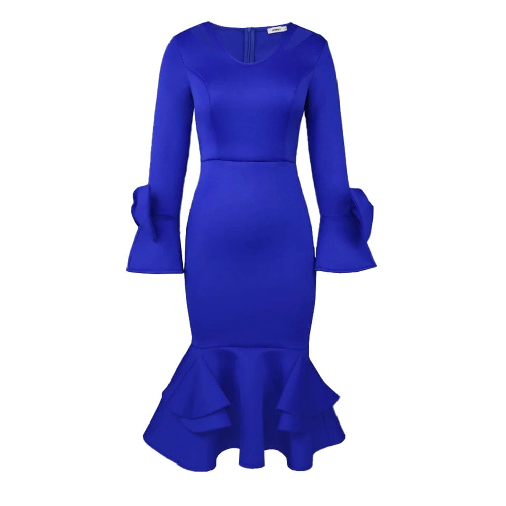 White Bodycon Dress V Neck Long Sleeve Bowtie High Waist Ruffles Midi Evening Cocktail Party Gowns for Women Wedding Gust - SHOWLU FASHION STORE