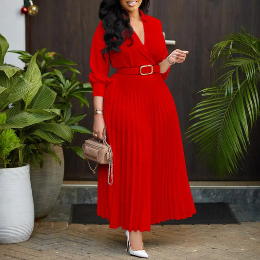 White Pleated Dress Women V Neck Full Sleeve Dresses Belt Slim High Waist Casual Party Elegant A Line Long Vestidos - SHOWLU FASHION STORE
